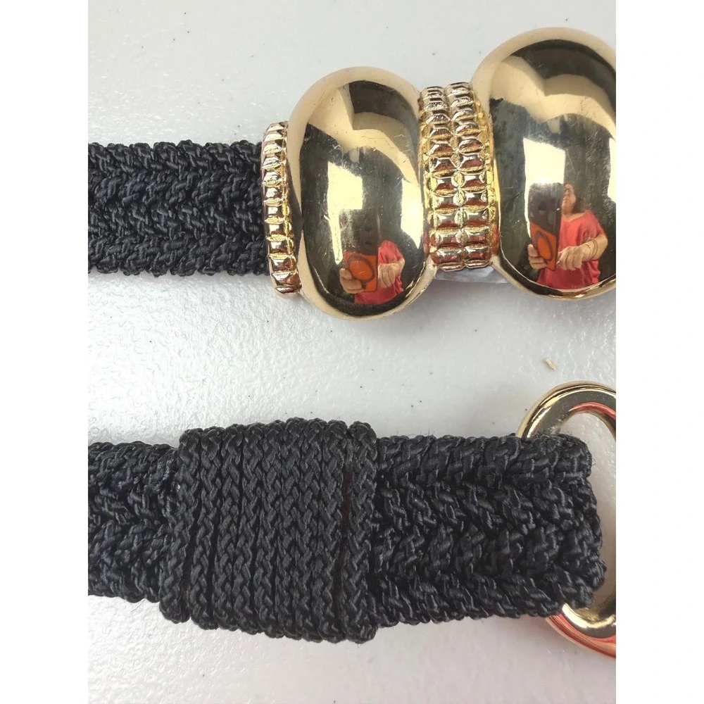 Vintage Style Black Braided Stretch Belt Gold Bead Hardware Cinch Waist 40 Inch